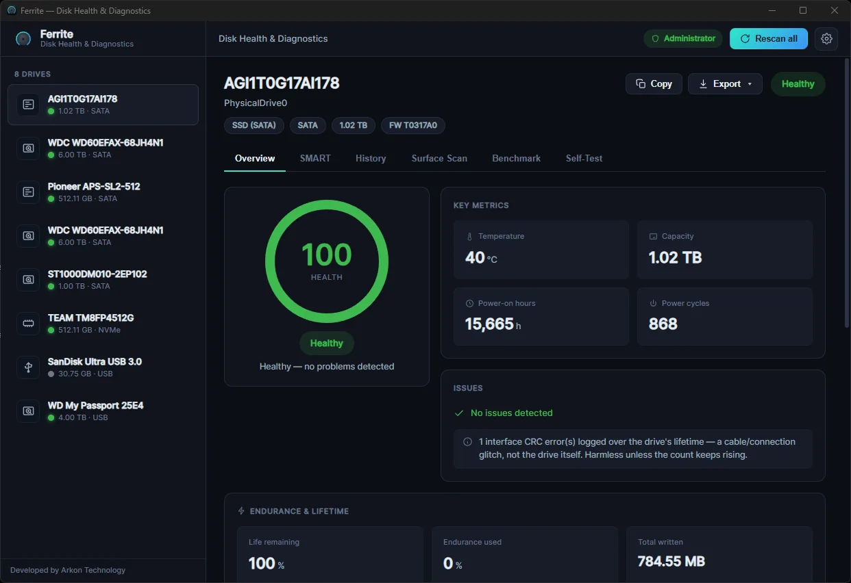 Ferrite Overview dashboard showing a 100 health score gauge, drive metrics and the 8-drive sidebar