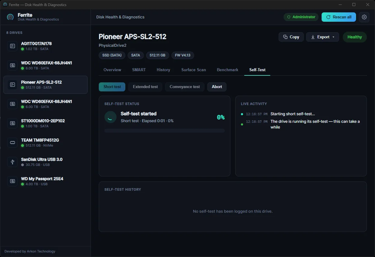 Ferrite self-test running with a live activity log